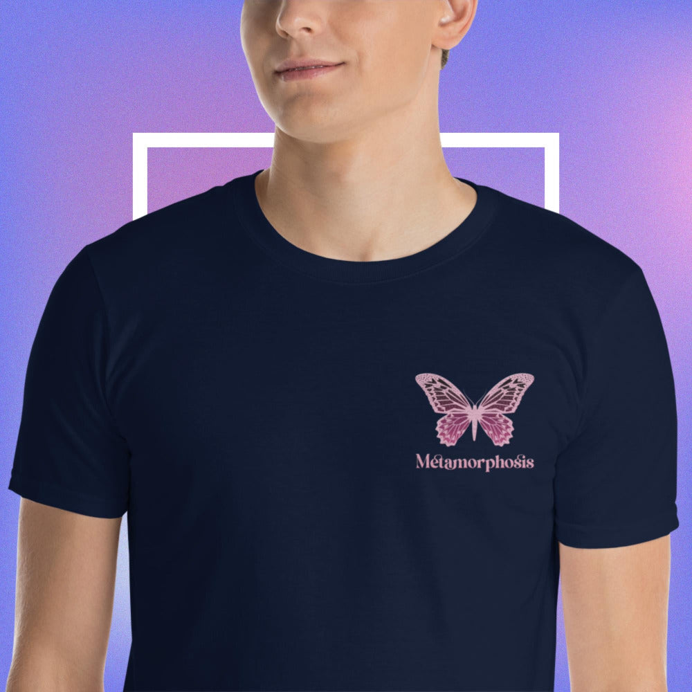 Metamorphosis Pink Butterfly Embroidered TShirt - Navy Color - https://ascensionemporium.net
